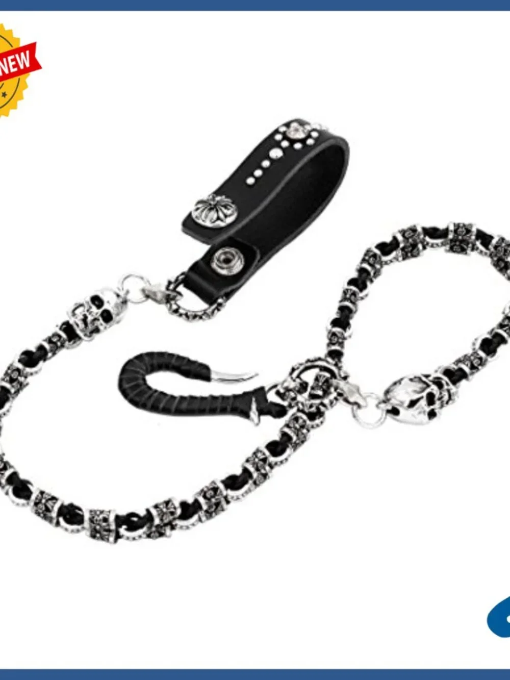 Braided Leather Wallet Chain with Cross Skull Charms, Snap Closure